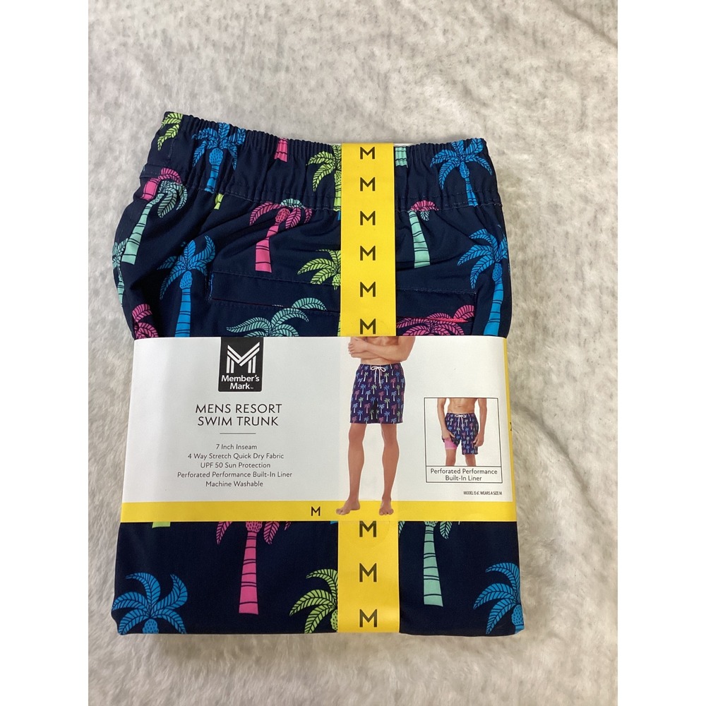 Member's Mark Mens Resort Swim Trunk Navy Palm Tree Print 7 Inch Inseam Size M